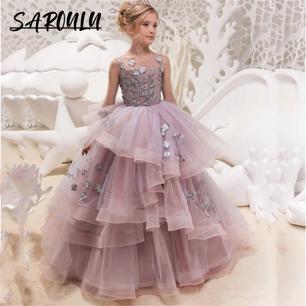 Romantic Lilac Girls Prom Dress Tiered With Appliques Classy O Neck Flower Girl Dresses For Wedding Party Birthday Performence