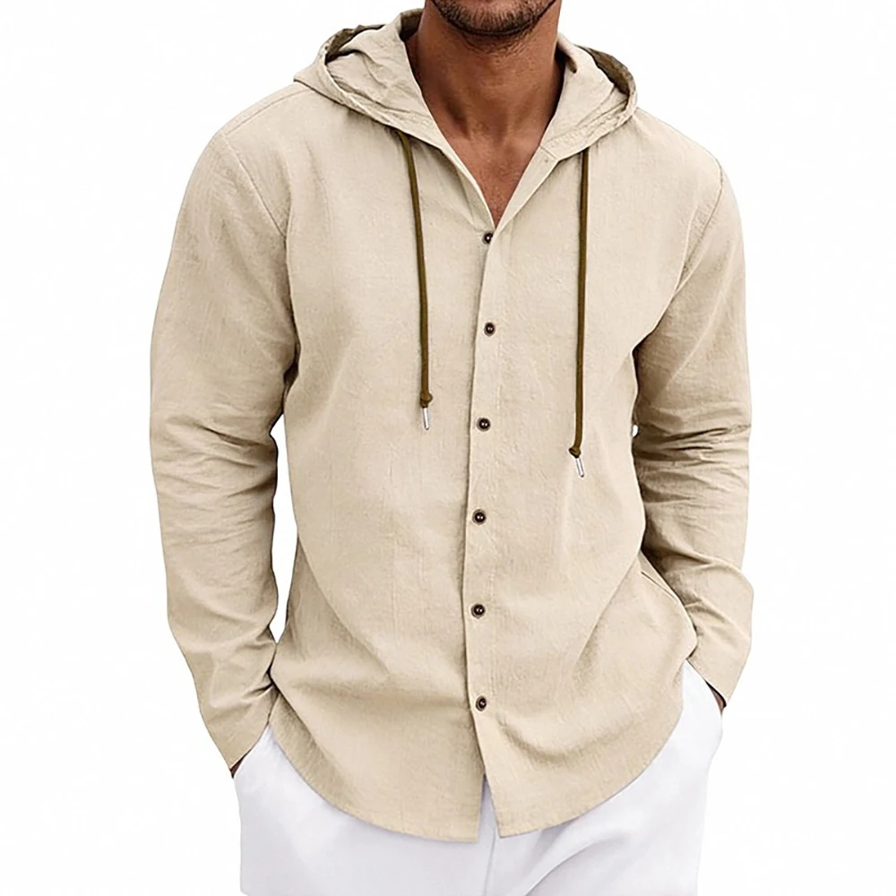 Men's Long Sleeve Shirt Cotton Linen Loose Fit Hooded Drawstring Design Solid Color Casual Button Tops Male Stylish Shirts