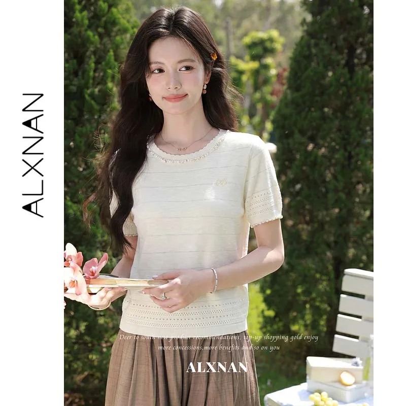 ALXNAN Linen Knit T-shirt Butterfly Embroidery Hollow Out Pattern French Elegant Short Sleeve Top Women Summer Tees L663129A
