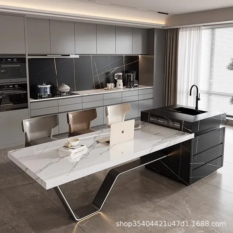 Full Slate Dragon Head-Raising Day Electric Smart Island Dining Table Integrated Full Light Strip High-end Villa Tea Bar