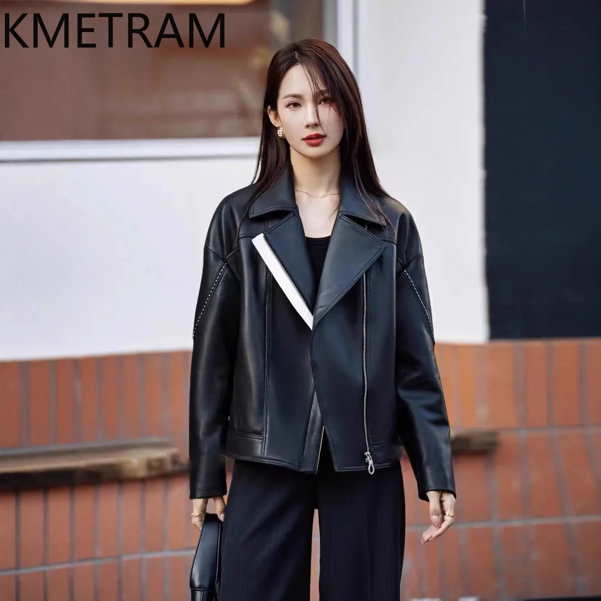KMETRAM Genuine Sheepskin Leather Jacket Woman Oversized Short Biker Jackets Real Leather Coat Autumn Women Clothing 2026 casaco