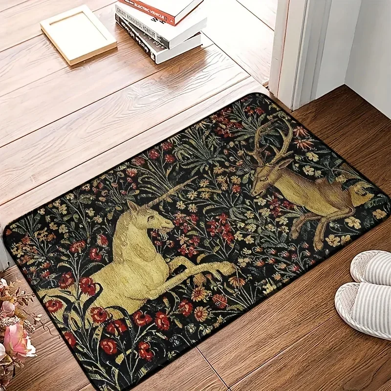 Medieval Unicorn Midnight Floral Tapestry Doormat Non Slip Rug Home Decor Carpet Washable  Living Room Bedroom Kitchen Floor Mat
