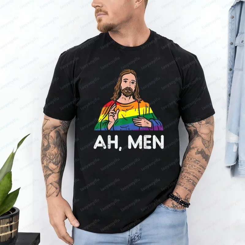 Ah Men Rainbow Gay Jesus Christian LGBT Pride Flag Men Gift T-Shirt Funny Vintage Style LGBTQ+ Printed Tshirt Unisex Cotton Tee