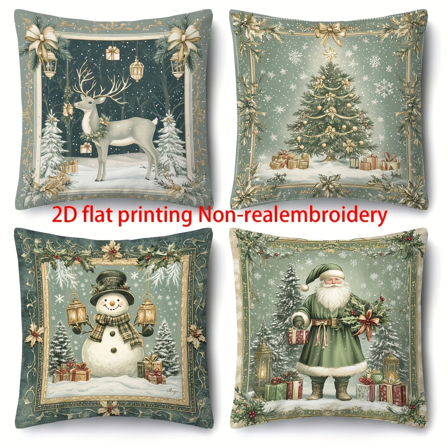 4PCS Christmas Pillow Covers, Santa Snowman Reindeer Print, Soft Velvet Zipper for Sofa, Washable Holiday Decor, No Insert