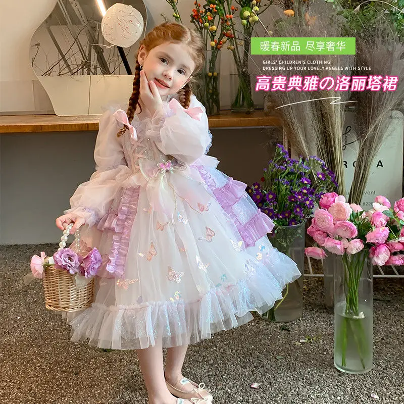 Baby Girl Autumn Spring Pink Vintage Lolita Layed Lace Princess Ball Gown Dress for Birthday Holiday Party Eid Child Clothing