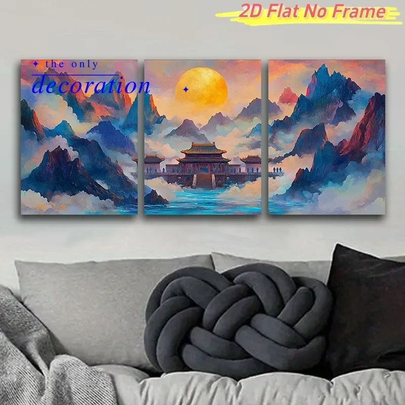2D Flat, 3pcs Modern Abstract Frameless Canvas Wall Art - Suitable for Watercolor Sunrise Over Sea Clouds Painting, Minimalis