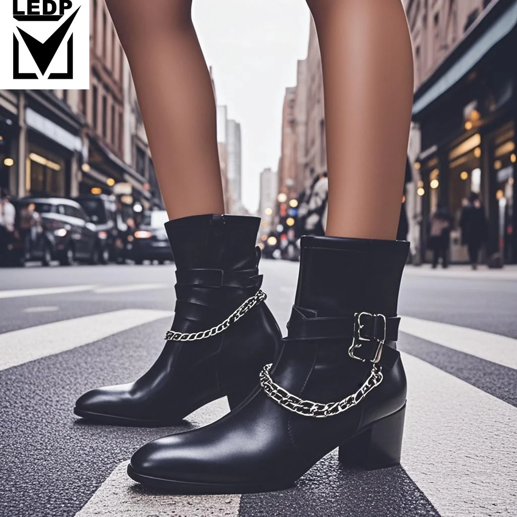 

Autumn and Winter Pointed High Heels Men's Boots Tie A Chain Rivet Belt Buckle Thick Heel Genuine Leather Thick Heeled Boots