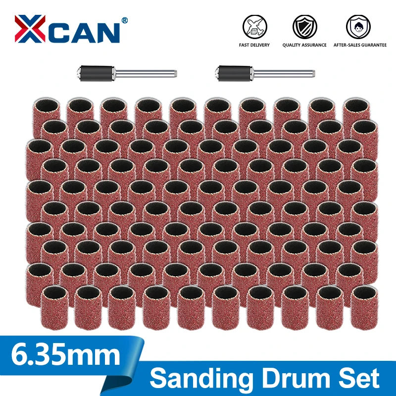 XCAN 11-102pcs 6.35mm Sanding Drum Kit 80 100 120 Grit Sanding Band Sleeves For Electric Mini Angle Grinder Sanding Mandrels