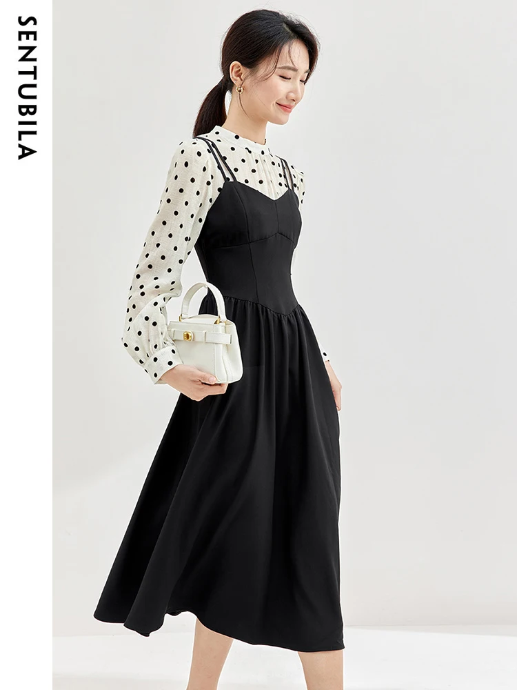 SENTUBILA 2 in 1 Midi Dresses for Women 2024 Spring New Elegant Flocking Dot Lyocell Blend Puff Sleeve Female Dress 133L51704