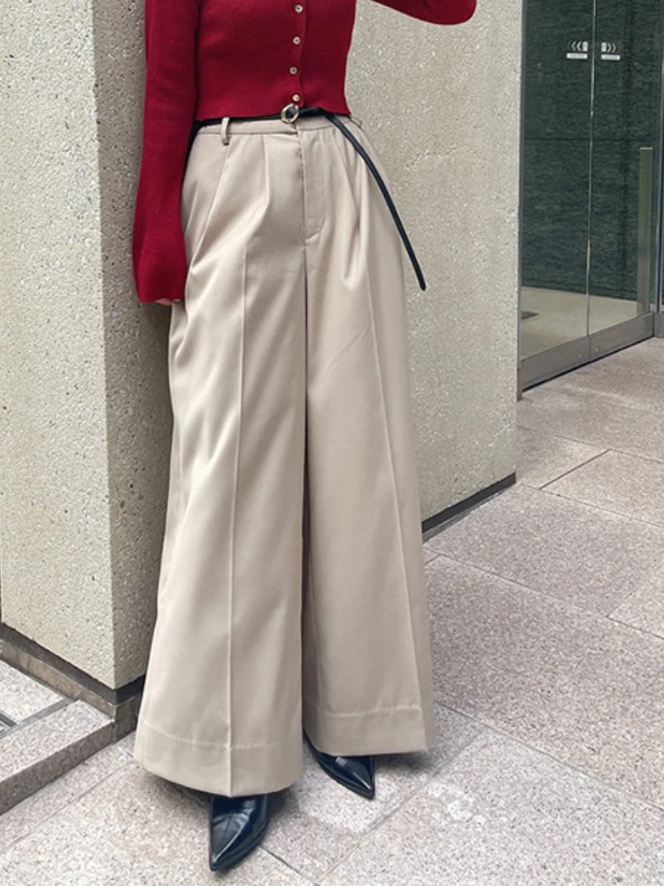 

Japanese Office Lady Eleagnt Loose Wide Leg Pants High Wasit All-match Solid Straight Trousers with Blet 2024 Autumn Pantalones