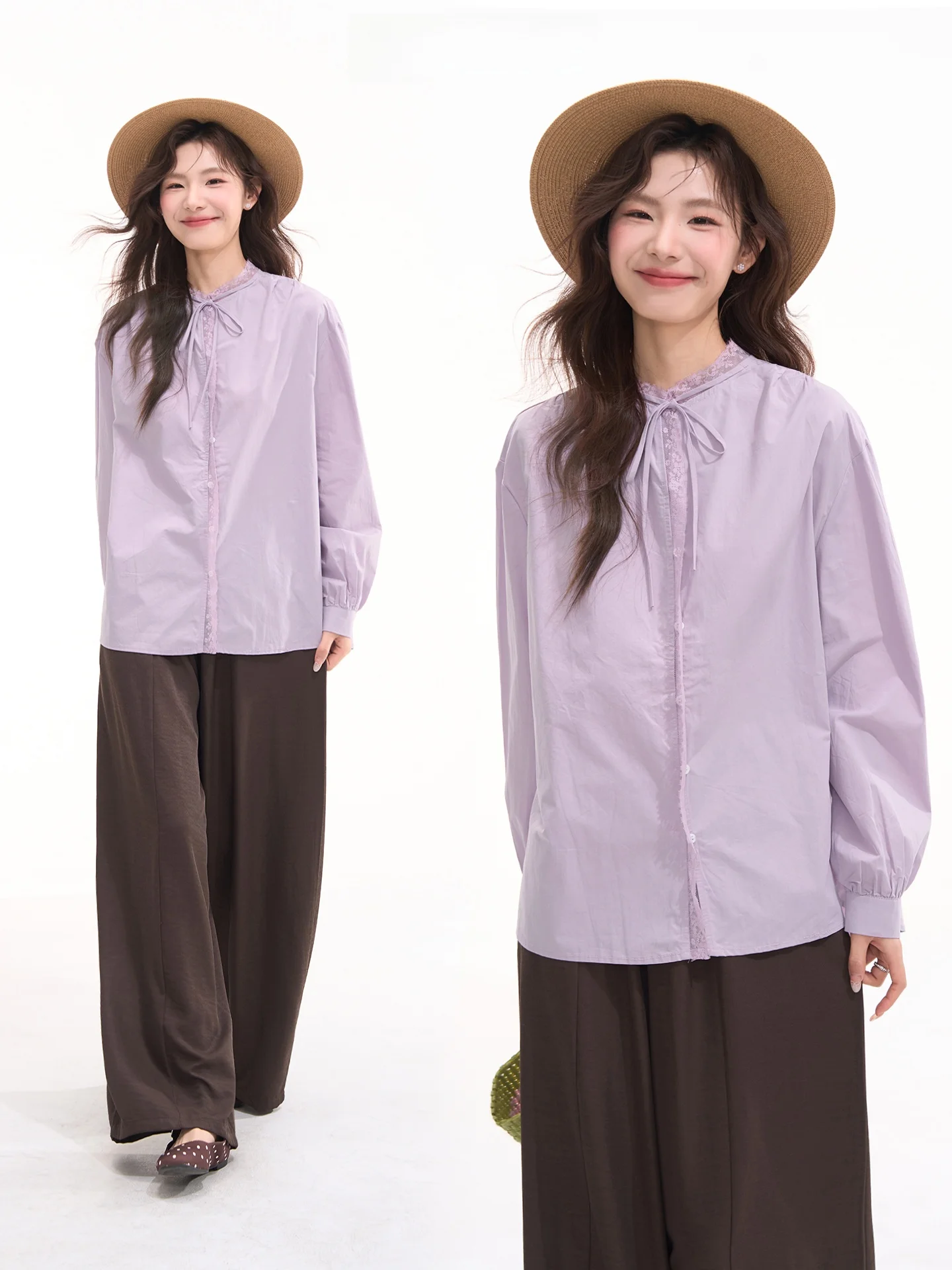 

Purple Lace Trim Shirt with Tie Stand Collar Korean Style Long Sleeve Loose Fit Women's Business Casual Fashion Spring 2025