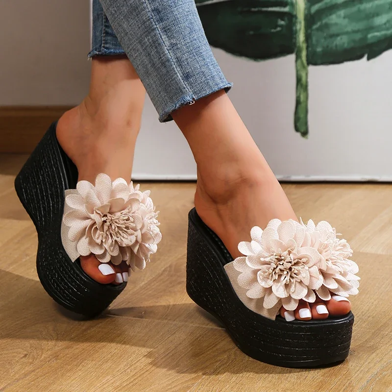 Sandalias de cuña, zapatillas de mujer, zapatos de plataforma de playa de verano, zapatillas de flores, zapatillas de tacón alto para mujer, moda