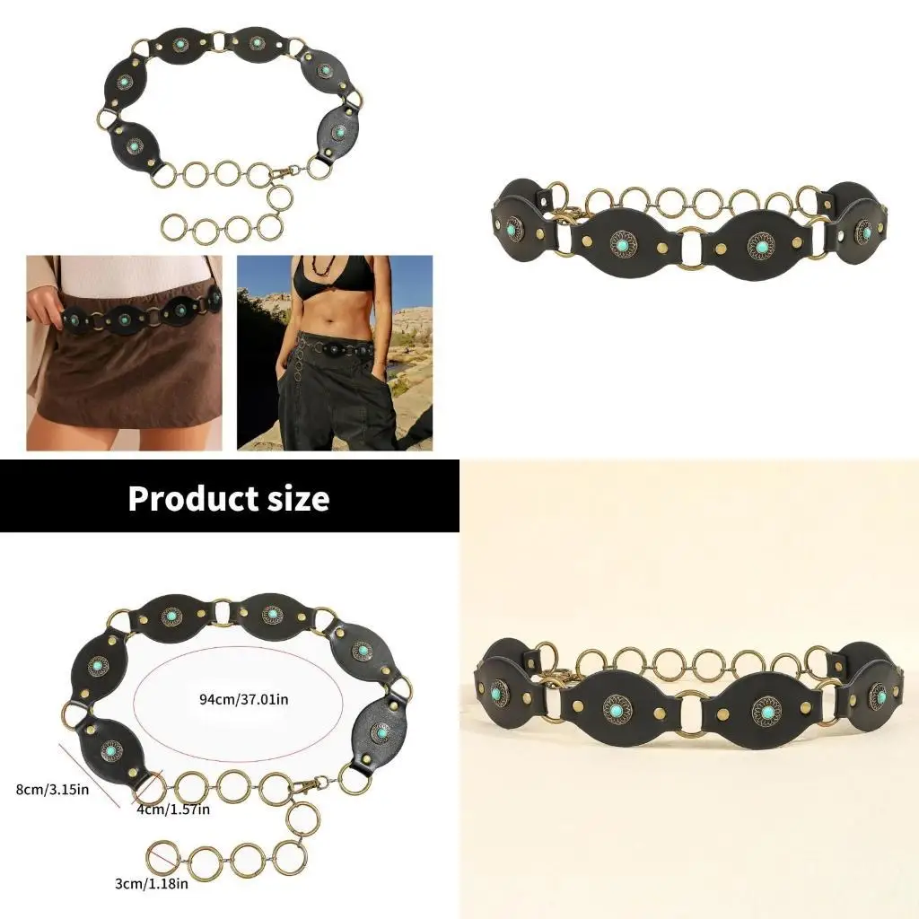 

39BB Turquoise Belt Western Waistband Pants Belt Fashion Bohemian Waiststrap Dress Belt 2000s PU Belt Women Waist Ornaments