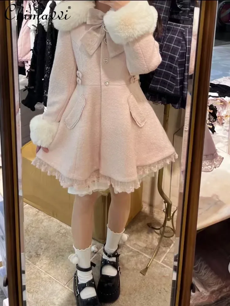 Winter New Japanese Style Sweet Bow Slim Long Woolen Coat Faux Fur Collar Lolita Girl Women's Pink White Wool Jacket Overcoat