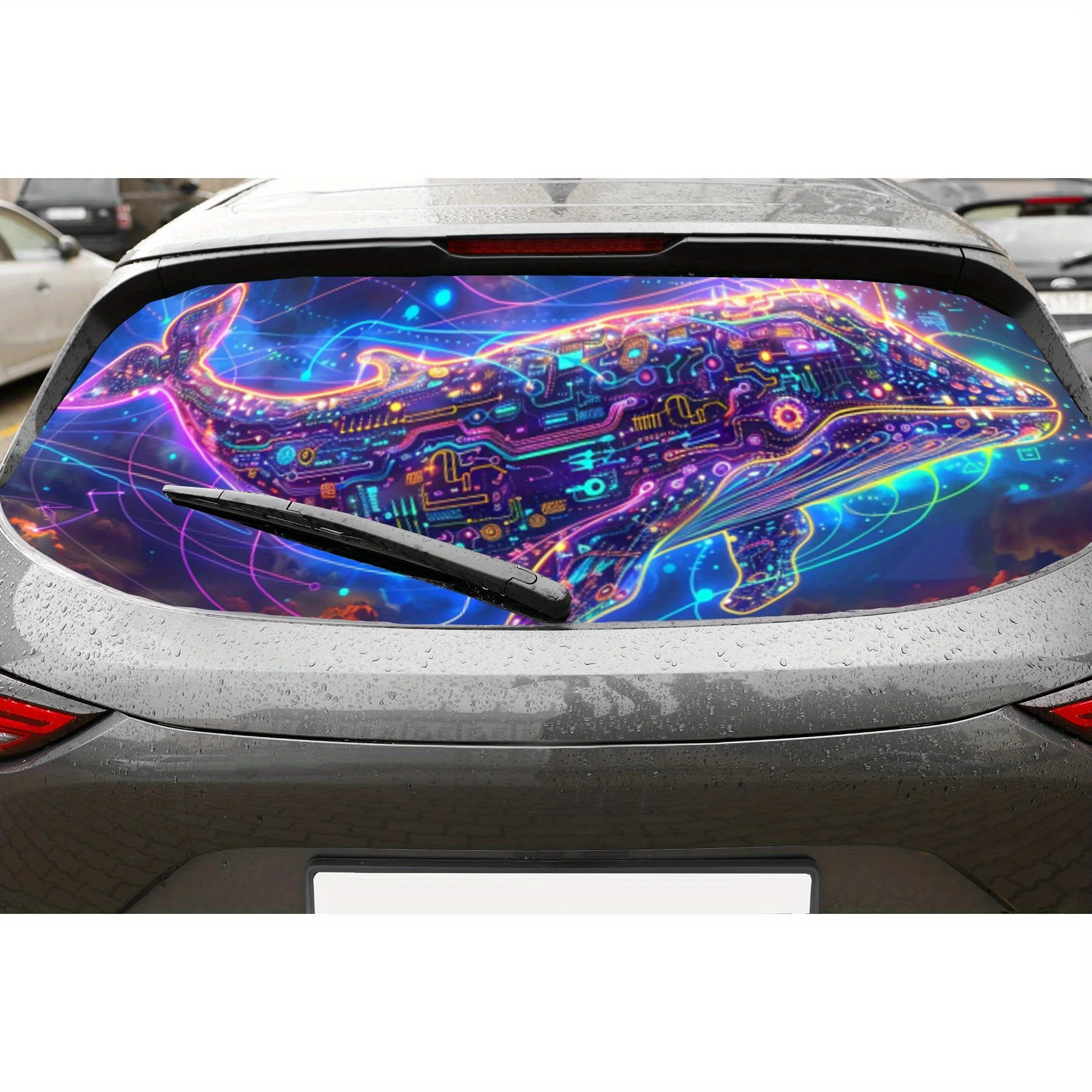 

Futuristic neon whale car rear window vinyl wraps sticker,auto art sticker,self-adhesive waterproof rear window decoration,gener