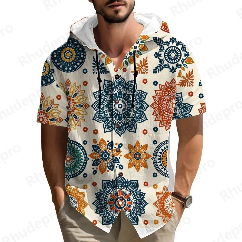 2025 Tops Men Hooded Single Breasted Tees Solid Shirts Short Sleeve Casual Cardigan Spliced Buttons Loose Summer