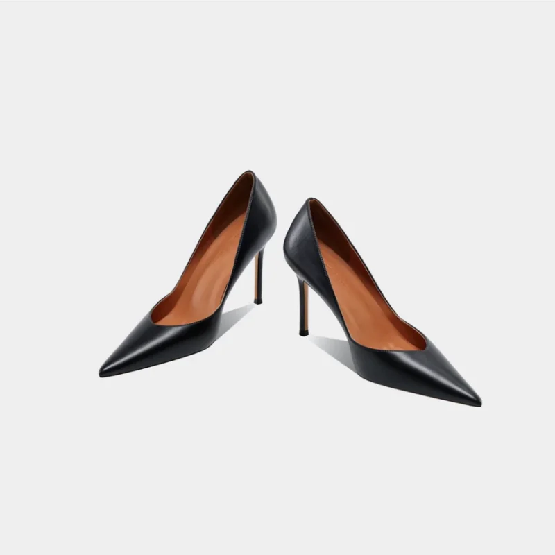 Spring and summer new pointed shallow mouth leather surface soft sole thin heel work shoes banquet dress high heels women's shoe