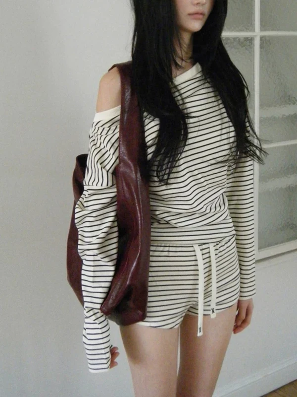 Comfortable Striped Long Sleeve Shoulder Bared Women's T Shirt Shorts Two Piece Set Fashionable Casual Versatile High Waist C...