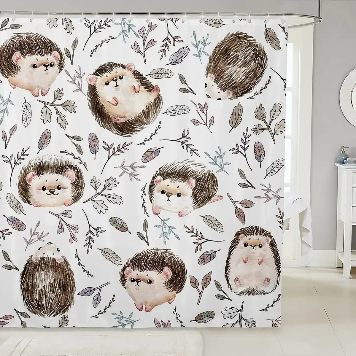 Cute Hedgehog Shower Curtain,Animal Pattern Bath Curtain Bathroom Set Hedgehog Gift Hedgehog Lovers Leaves Branch Shower Curtain