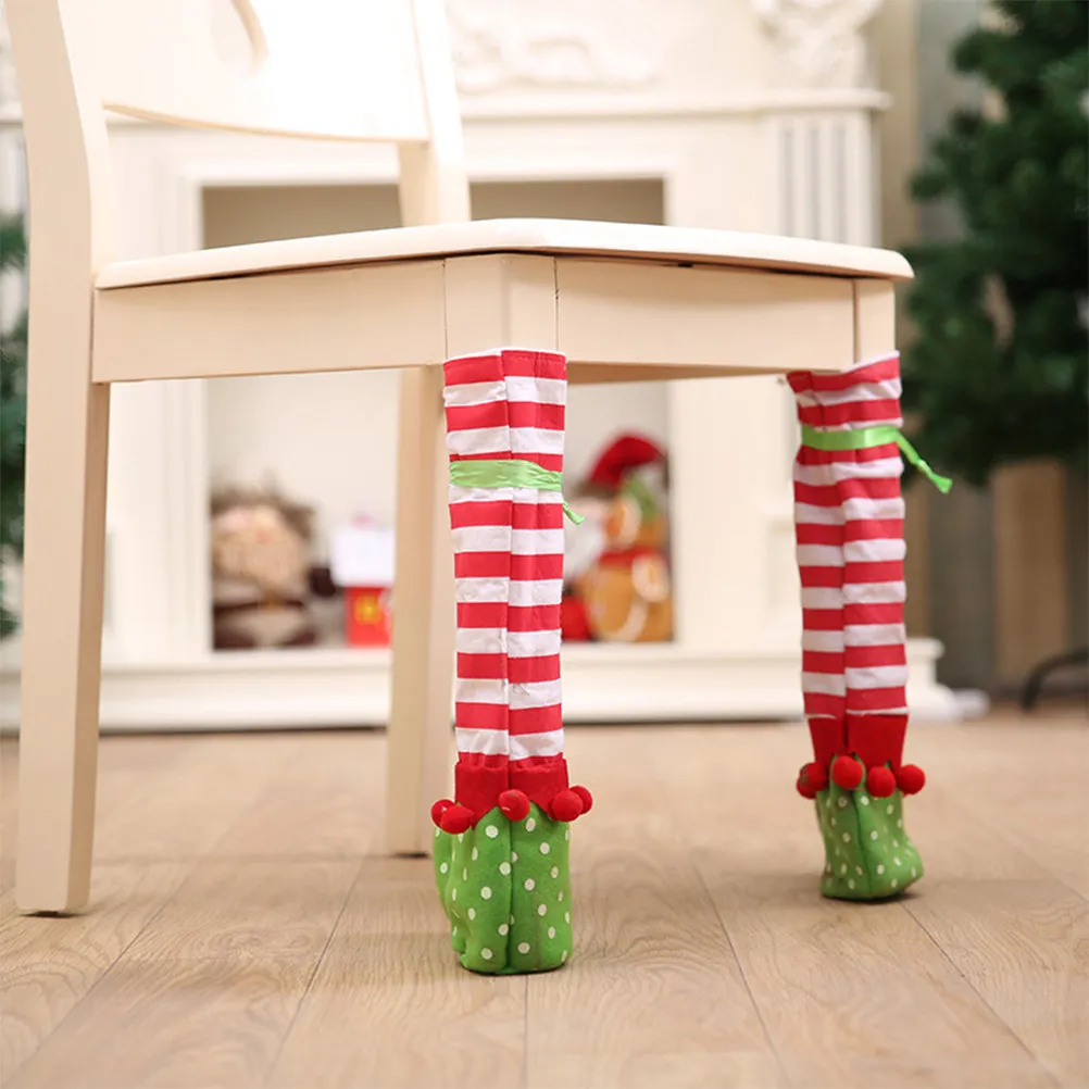 3Pcs Christmas Table Leg Sleeves Elf Red White Stripes Non Woven Fabric Fits Chair Legs Wine Bottle Cover Festive
