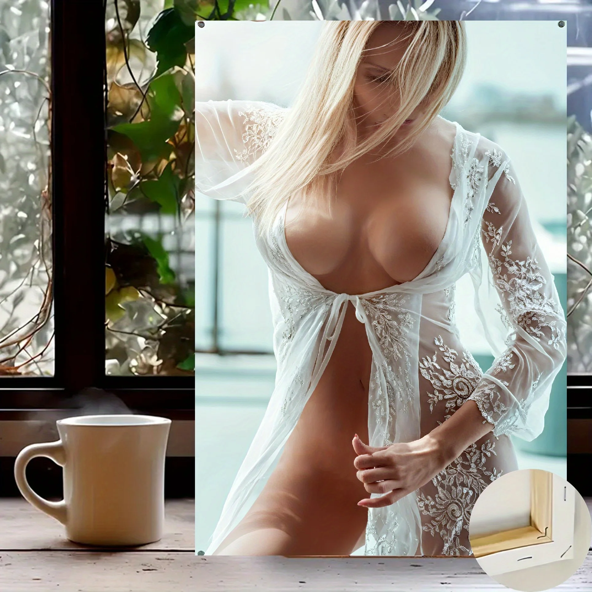Eleganter Morgen-Kunstdruck auf Leinwand – Holzrahmen, ruhige Frau in weißer Dessous-Bekleidung mit blauer und Sonnenaufgangsszene, perfekt für das Wohnzimmer