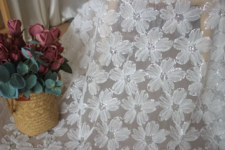 High-grade three-dimensional large flower beaded sequins mesh lace clothing fabric DIY wedding dress accessories