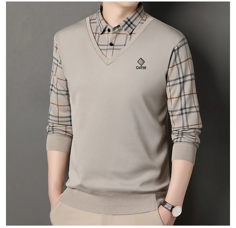 Herren Plaid Pullover Fleece Pullover Slim Fit Elegante Luxus Marke Gefälschte Zwei Stücke Gestrickte Pullover – Detail 2