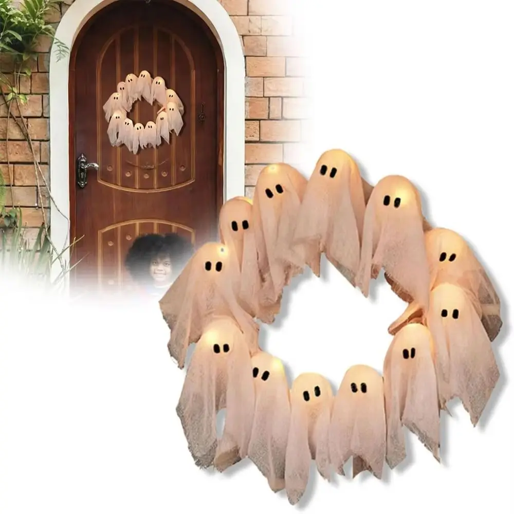 

Funny 11 LED Lights Ghost Wreath Creative 35cm Halloween Wreath White Wall Decor LED Light-Up Wreath Haunted House