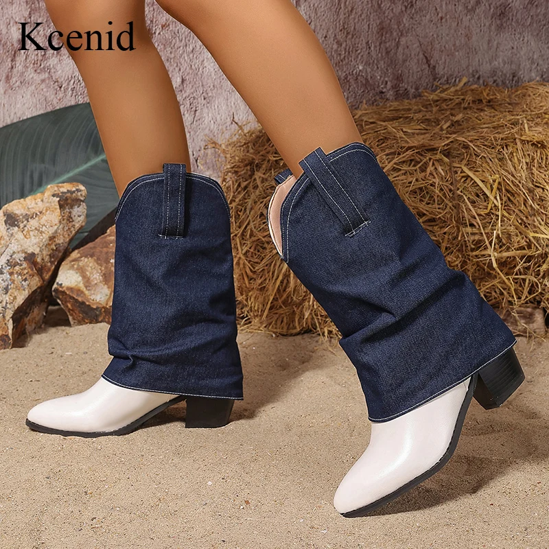 

Kcenid Pleated Block Heels Denim Boots for Women Autumn Winter Pointed Toe Women Ankle Boots Plus Size Trendy Cowboy Woman Shoes