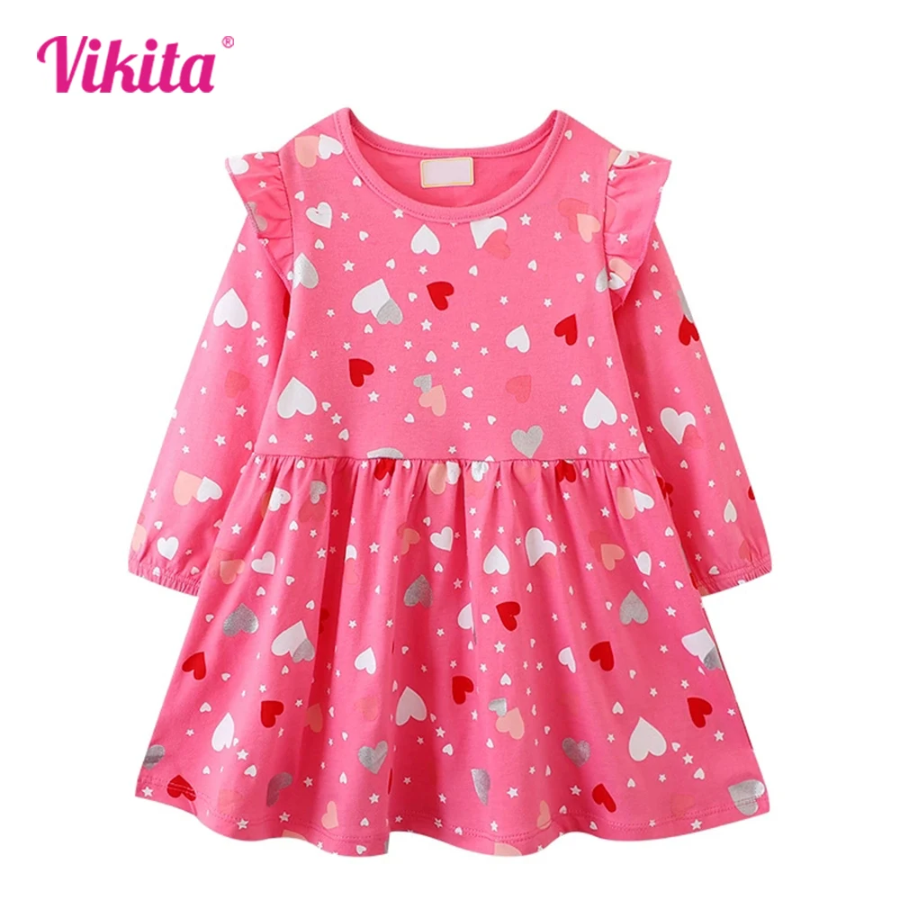 VIKITA Children Clothing Kids Heart Shape Star Print Cotton Casual Straight Long Sleeve Autumn Spring Dresses Infantil Vestidos