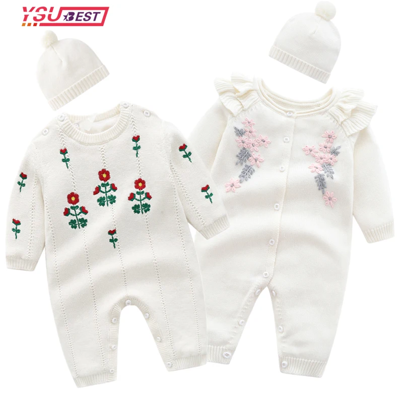 0-24M Baby Girl Rompers Knitted Kids New Spring Autumn Girl Embroidery Flower Rompers + Hat Baby Girl Newborn Rompers Clothes