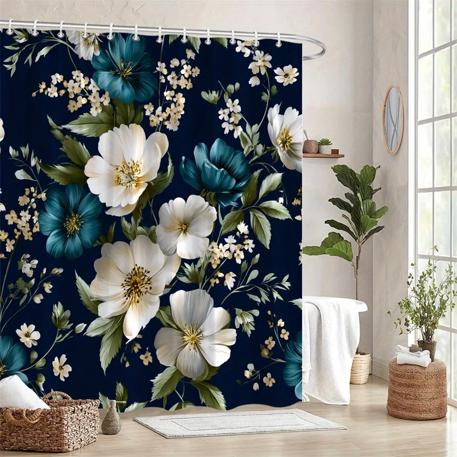 

1pc Elegant White & Teal Peony Shower Curtain - Realistic Floral Design with Yellow Centers & Green Leaves on Deep Navy Blue Bac