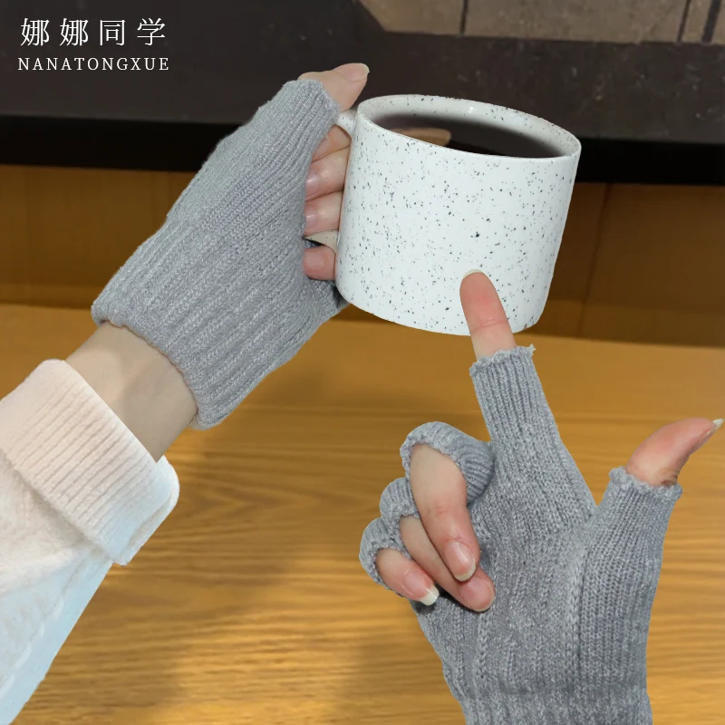 قفازات نصف اصبع للرجال والنساء، الخريف والشتاء، بدون أصابع، مناسبة للكتابة والكتب وركوب الدراجات، متوافقة مع شاشة اللمس، محبوكة، دافئة، بدون أصابع