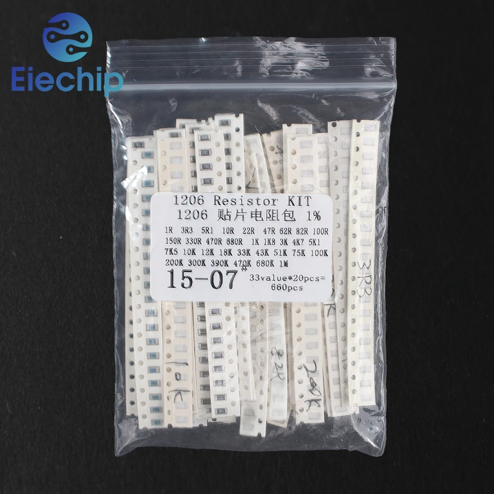 660 Stks/set 0603 0805 1206 1210 Smd Weerstand Pakket, 1 Ohm ~ 1M 33 Waarden * 20 Stuks 1% Chip Weerstand Diy Elektronische Kit