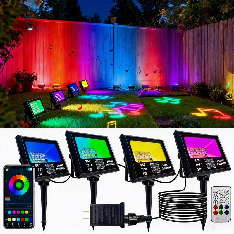 Projecteur LED RGB, contrôle par application Bluetooth, projecteurs intelligents, synchronisation de la musique, étanche IP66, éclairage paysager avec prise ue