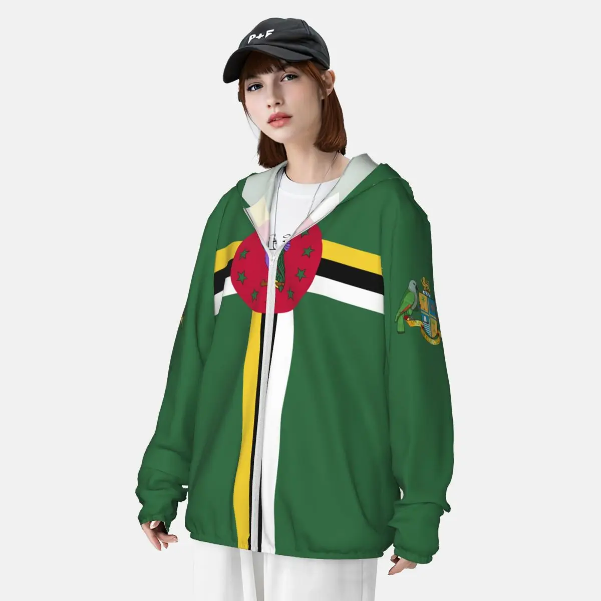 Dominica Flag Polyester Hoodie Sunscreen Sun Protection Fishing Running Clothes Quick Dry Performance Long Sleeve With Zipper