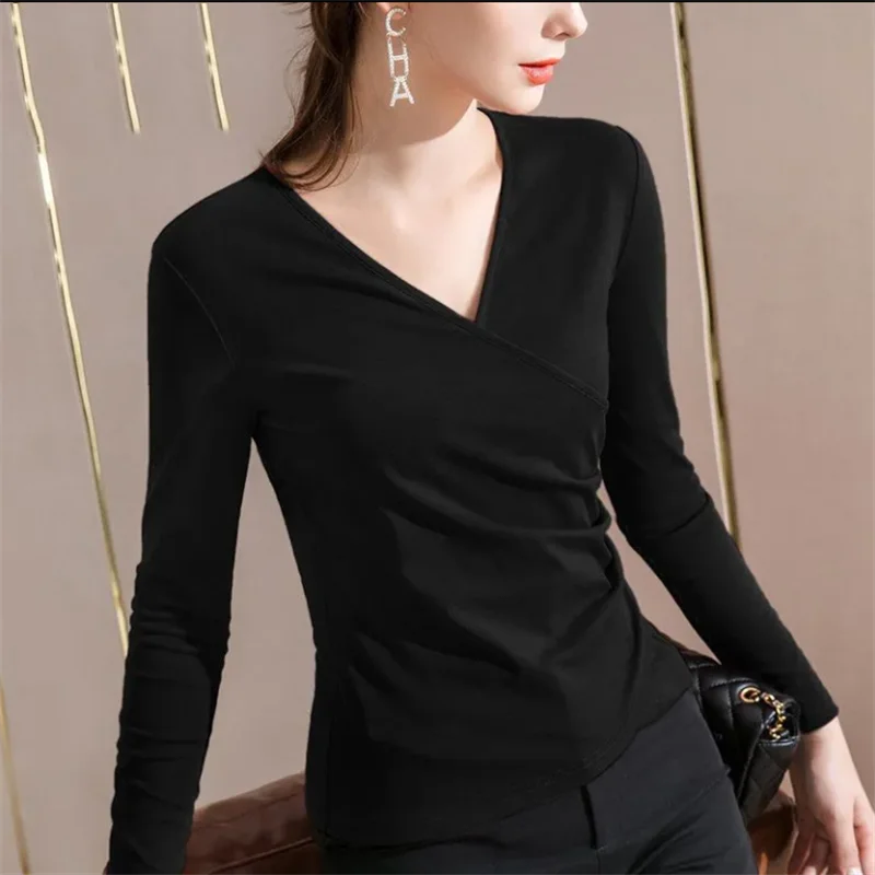 V-neck Tshirt For Women Sexy Bottom Top Belly Covering Base Blous Autumn Winter Woman Clothes Tshirt Jumpper Top Female Tee