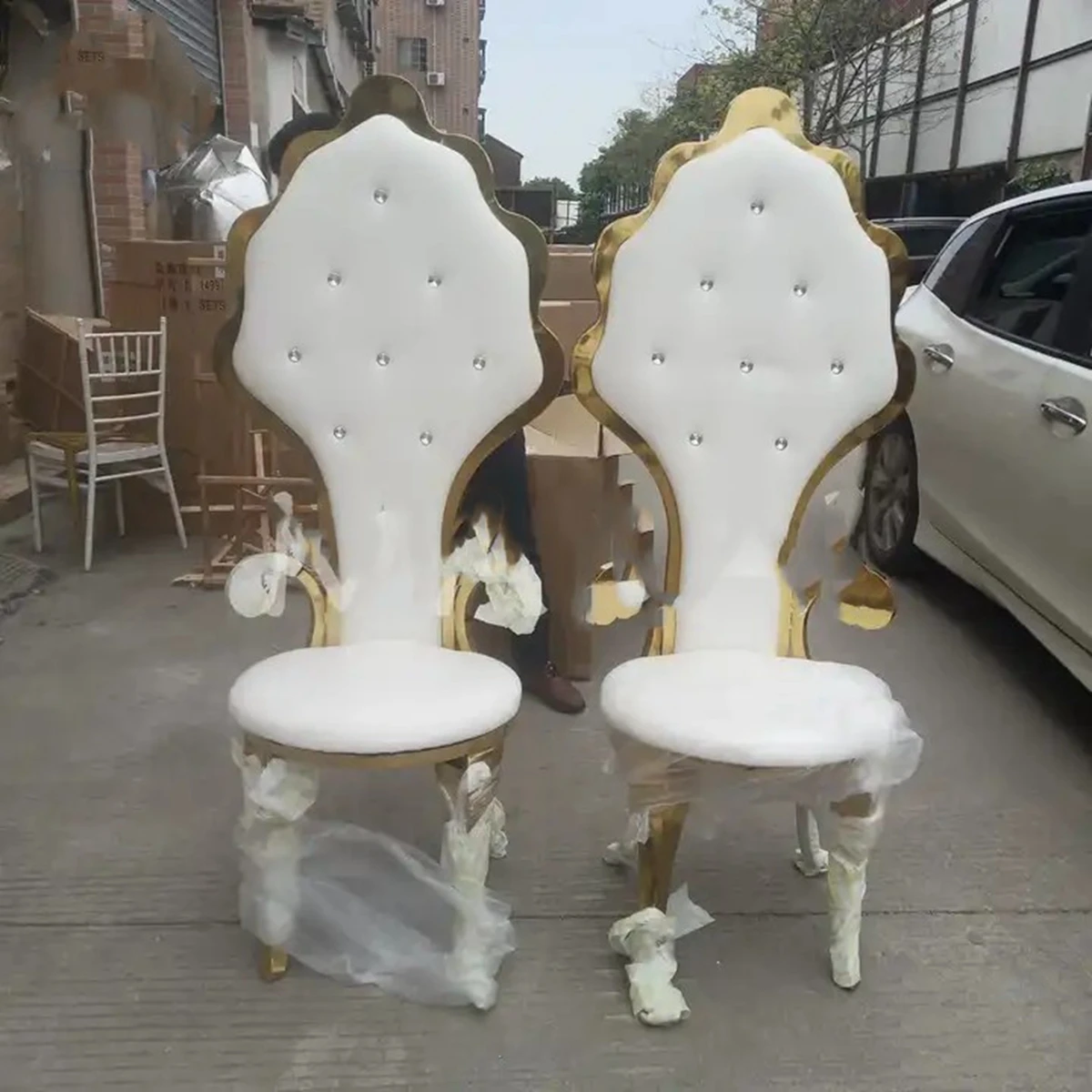 Piezas de acero inoxidable para escenario de boda, silla con respaldo de hoja ALTA REAL, banquete, banquete, mandap, 2 unidades, 154