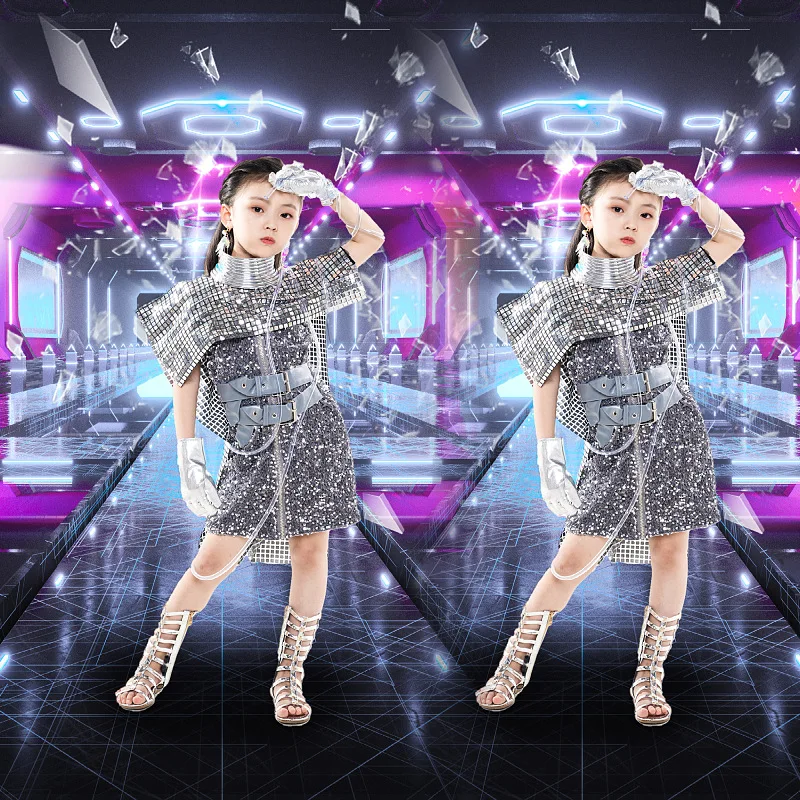 

Girls' Silver Future Technology Sense Performance Suit Children's Runway Catwalk Astronaut Meta-universe Locomotive Mold Card Sh