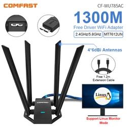 Comfast-Adaptateur WiFi sans fil, carte réseau USB 1300G et 5GHz, gain élevé, antenne 4 * 6dbi, réception WiFi Linux de bureau, 2.4 Mbps