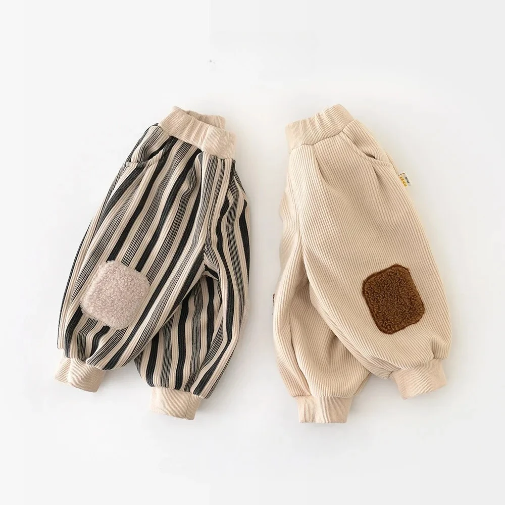 2026Winter Korean Stripes Baby Boy's Pants Casual Pp Pants Plus Velvet Trousers Baby Pants
