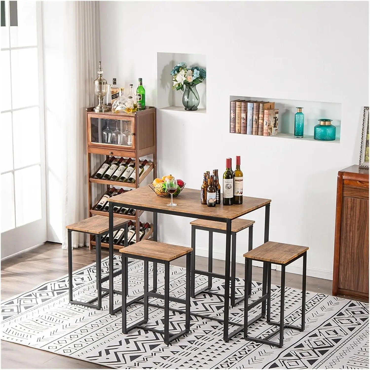 Storage Table, Bar Table Set Dining Table Set Simple Eucalyptus Pattern 87Cm High Bar Table And Chair Set Of 5