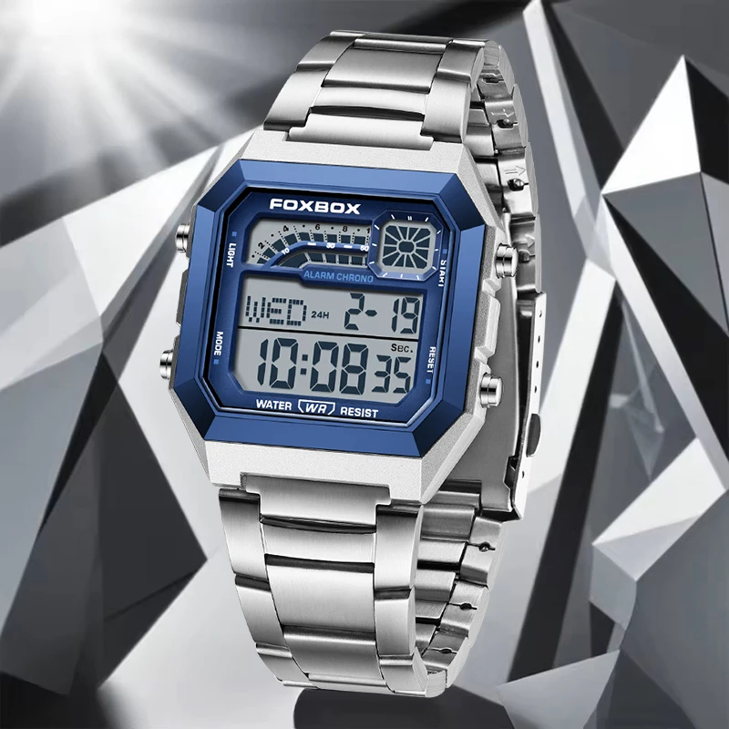 FOXBOX New Mens Watches Top Brand Luxury Square Stainless Steel Digital Watch For Men Waterproof Luminous Quartz Wristwatch Man