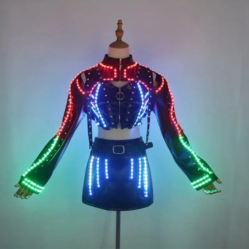 LED Woman Black Top Jacket Skirt Suit Light Up Halter Crop Costume Punk Nightclub Rave OutfitGogo Dancer Stage Cosplay Clothing