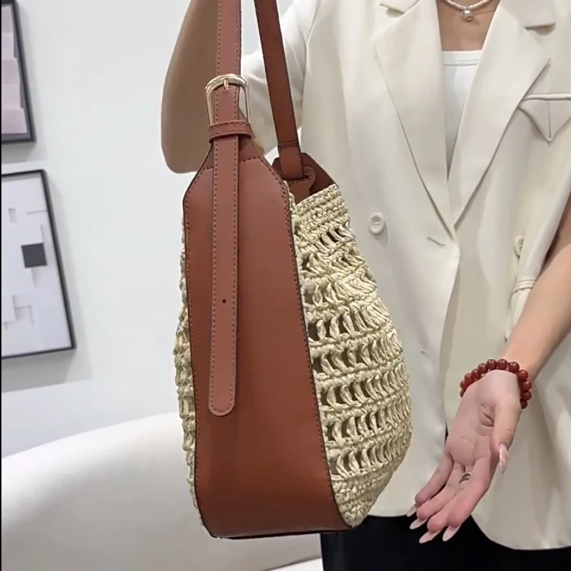 Beach Straw Bags For Women Luxury Designer Handbags And Purses 2026 New In Papyrus Weaving PU Splicing Hollow Underarm Shoulder