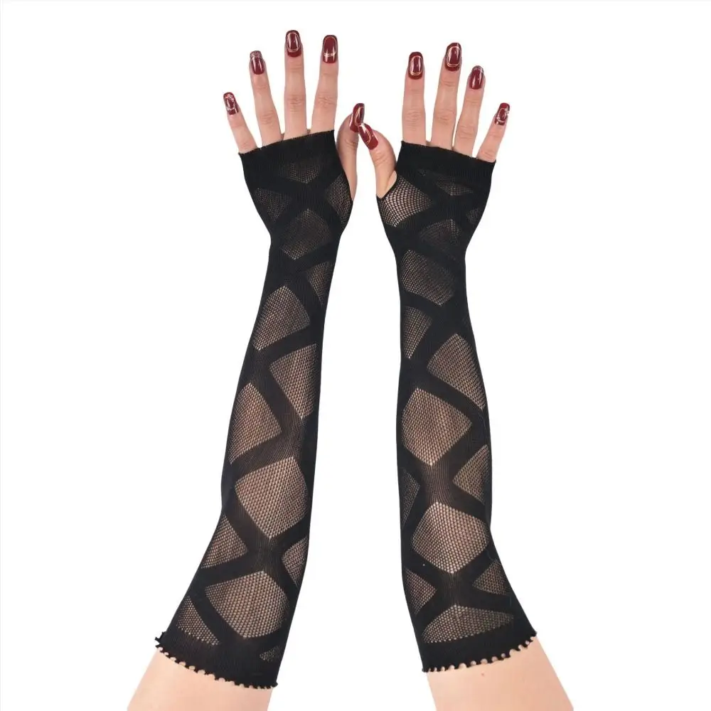 Star Fishnet Long Mesh Gloves Performance Dance Black Half-Finger Lace Mittens Hollow-Out Arm Sleeves Mesh Fishnet Gloves