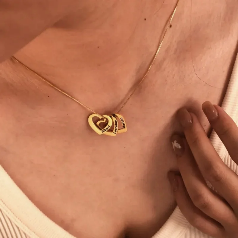 Custom Stainless Steel Heart-Shaped Name Necklace with Delicate Box Chain.Personalized Multi-Heart Pendant & Family Name Jewelry