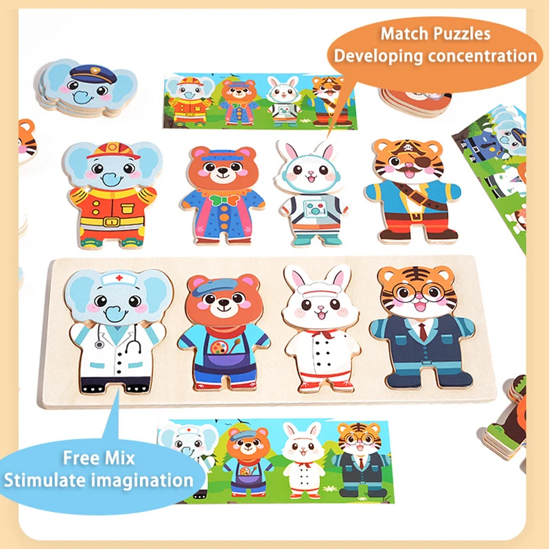 Wooden Animal Dress-Up Puzzle Montessori Toys Children Sorting & Matching Educational 40 Pieces Mix Toddlers Change Clothes Game