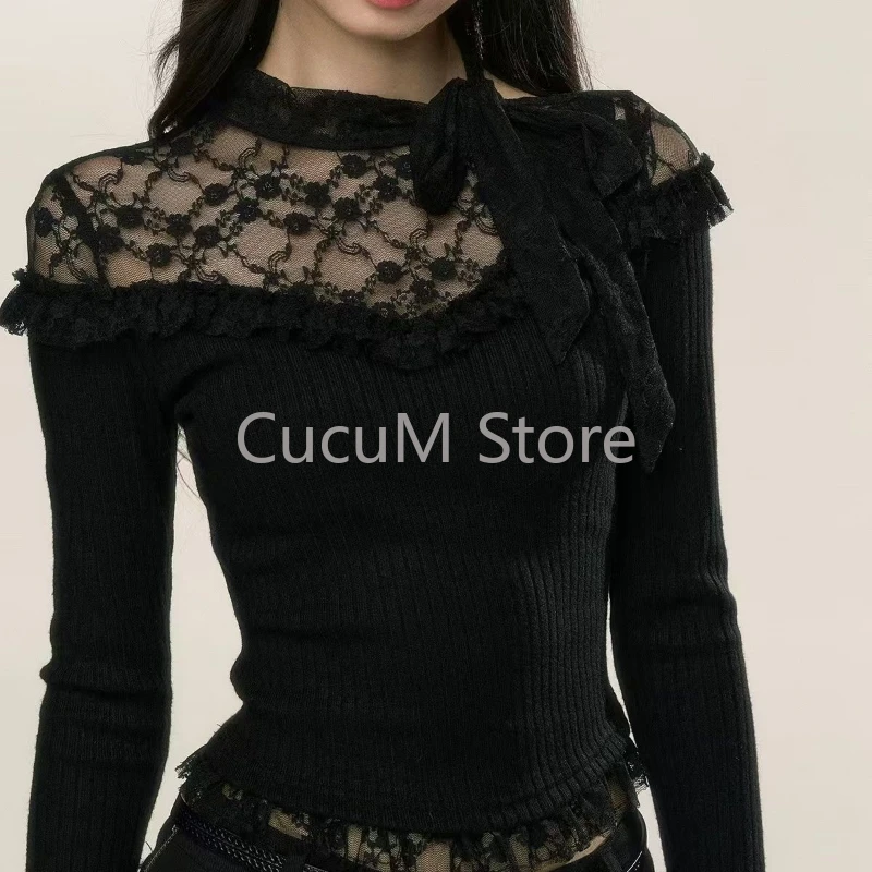 Y2k Lace Women Sweater See Through Vintage Harajuku Korean Fashion Knitted Pullovers Gyaru Sweet Slim Autumn Winter New