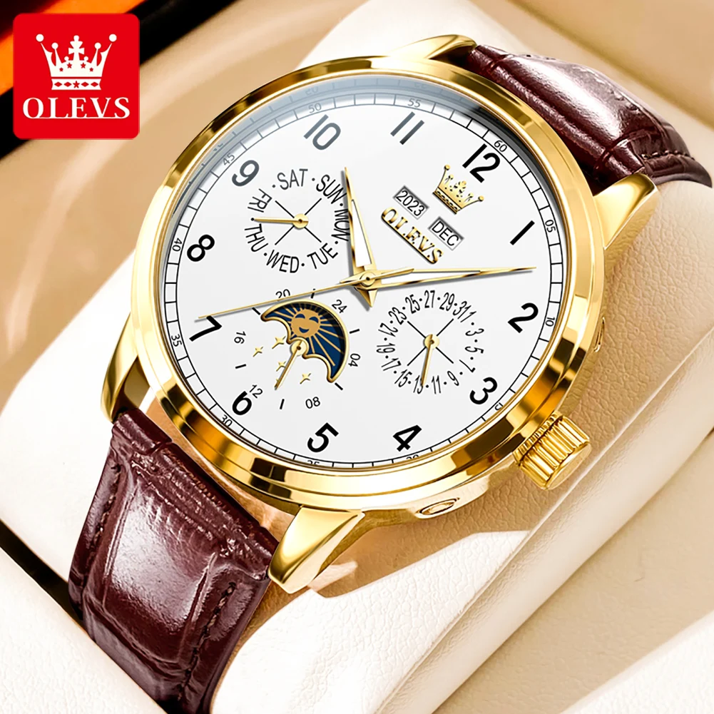 

OLEVS Brand 2024 Fashion Moon Phase Mechanical Watch for Men Luxury Leather Waterproof Luminous Calendar Business Mens Watches